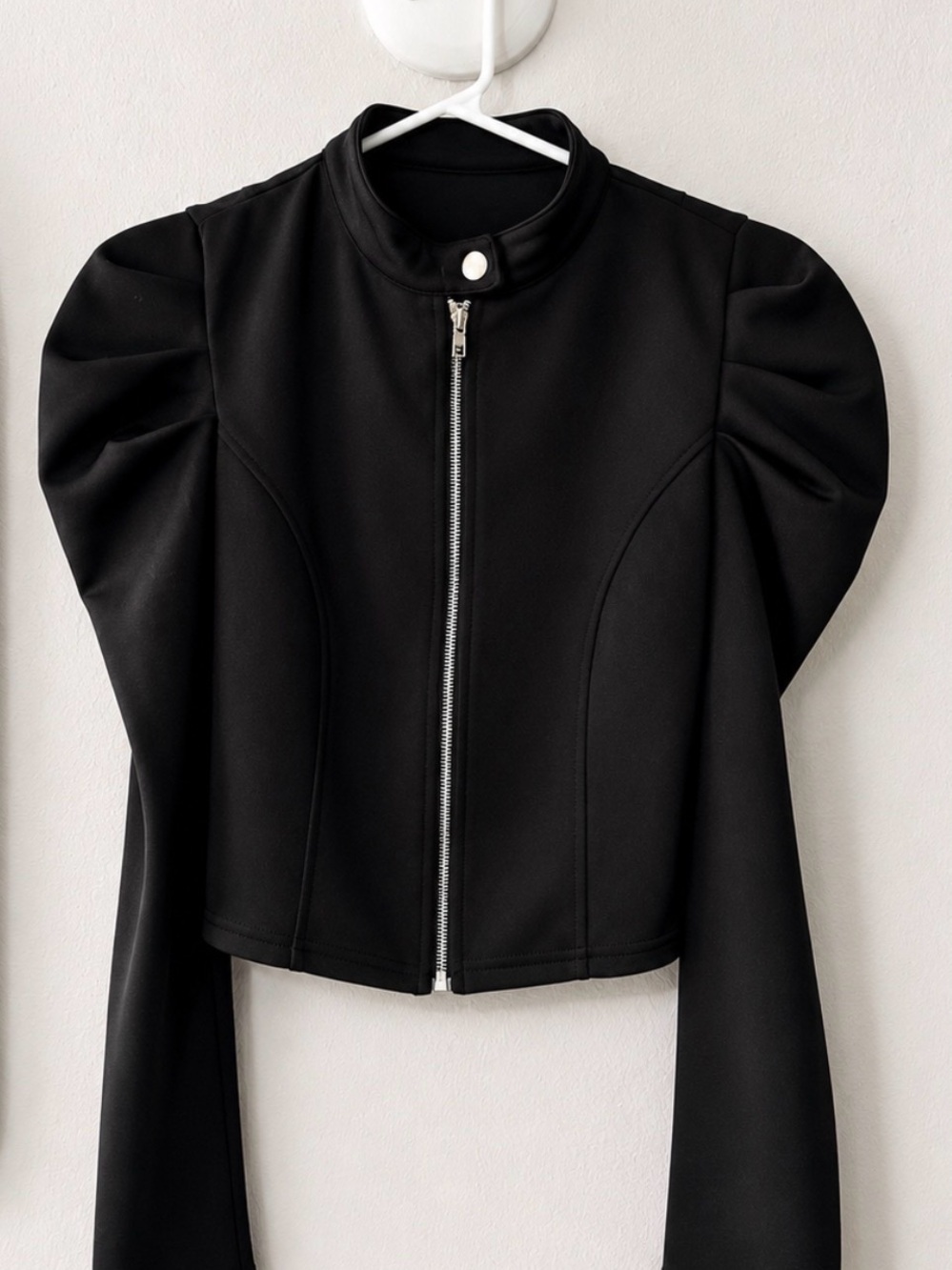 SHEIN Black Puff-Sleeve Zip-Up Leather Jacket